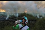 Seorang Masyarakat Peduli Api (MPA) meminum air di lokasi lahan yang terbakar di Desa Karya Indah, Tapung, Kampar, Riau, Kamis (10/5). Kencangnya tiupan angin dan sulitnya akses jalan ke lokasi yang terbakar membuat petugas pemadam kesulitan untuk memadamkan api. ANTARA FOTO/Rony Muharrman/foc/18.