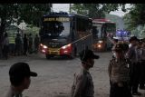 Rombongan bus yang mengangkut napi teroris Mako Brimob, memasuki dermaga penyeberangan Wijayapura, Cilacap, Jawa Tengah, Kamis (10/5). Napi teroris Mako Brimob cabang Rutan Salemba dipindahkan ke sejumlah lapas di pulau Nusakambangan usai terjadi kerusuhan yang menewaskan lima polisi dan satu napi. ANTARA FOTO/Idhad Zakaria/foc/18.