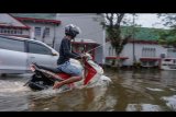 Warga menembus jalan yang terendam rob di Pekalongan, Jawa Tengah, Kamis (24/5). Berdasarkan data BPBD Kota Pekalongan, jumlah pengungsi banjir rob mencapai sekitar 3.187 orang dengan kondisi sekitar 80 persen wilayah Kecamatan Pekalongan Utara terendam rob. ANTARA FOTO/Harviyan Perdana Putra/kye/18