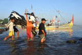 Buruh angkut mengangkut sepeda motor pemudik sebelum menaiki perahu nambangan atau perahu penghubung dari darat ke Perahu Layar Motor di Pelabuhan Jangkar, Situbondo, Jawa Timur, Sabtu (9/6). Selama musim mudik buruh angkut pendapatannya naik dari Rp25.000 menjadi Rp70.000 per hari dengan mengangkut orang, barang dan sepeda motor pemudik dari pinggir pantai ke perahu nambangan. Antara Jatim/Seno/zk/18.