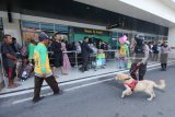 Polisi menggunakan anjing pelacak berpatroli di terminal Gapura Surya Nusantara, Pelabuhan Tanjung Perak, Surabaya, Jawa Timur, Sabtu (9/6). Pengamanan itu untuk memberikan rasa aman bagi pemudik yang menggunakan jasa angkutan kapal laut. Antara Jatim/Didik Suhartono/zk/18