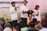 Presiden Joko Widodo (tengah) berdialog dengan petani saat peresmian program Kewirausahaan Pertanian dan Digitalisasi Sistem Pertanian di Desa Majasari, Sliyeg, Indramayu, Jawa Barat, Kamis (7/6). Digitalisasi sistem pertanian tersebut diharapkan mampu mengatasi permasalahan yang dihadapi petani seperti usaha skala kecil, serta daya tawar petani yang lemah. ANTARA JABAR/Dedhez Anggara/agr/18.