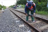 Petugas Penilik Jalan (PPJ) kereta api  Mohammad Riski berjalan memeriksa keamanan rel kereta api di Kelurahan Banjarsari, Glagah, Banyuwangi, Jawa Timur, Selasa (12/6). Selama arus balik dan mudik Lebaran 2018 petugas PPJ tersebut setiap hari memeriksa jalur rel kereta api sepanjang enam kilometer dari Stasiun Argopuro ke Stasiun Karangasem pulang pergi dengan mengecek baut kendur, bantalan rel rusak, lidah wesel rusak, longsoran, pohon tumbang, dan rintangan jalan rel kereta api. Antara Jatim/Seno/zk/18.