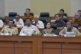 Menko Bidang Kemaritiman Luhut Binsar Panjaitan (kiri) bersama Menko Bidang Politik, Hukum dan Keamanan Wiranto (kedua kiri), Menko Bidang Pembangunan Manusia dan Kebudayaan Puan Maharani (kedua kanan) dan Menko Perekonomian Darmin Nasution (kanan) mengikuti rapat kerja bersama Badan Anggaran DPR di Kompleks Parlemen Senayan, Jakarta, Kamis (7/6/2018). Raker tersebut membahas rencana kerja anggaran kementerian dan lembaga masing-masing Kemenko-Kemenko dalam RAPBN 2019 serta rencana kerja 2019. (ANTARA /Puspa Perwitasari) 