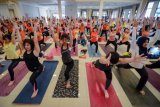 Ratusan pecinta senam melakukan gerakan yoga secara bersama-sama di Bandung, Jawa Barat, Jumat (22/6). Senam yoga yang diikuti oleh 220 peserta dari komunitas pecinta senam yoga se-Jawa Barat dan DKI Jakarta tersebut dilakukan dalam rangka memperingati hari yoga internasional yang jatuh pada 21 Juni lalu. ANTARA FOTO/Raisan Al Farisi/pras/18