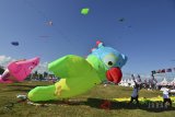 Peserta menerbangkan layang-layang pada festival layang-layang Internasional, Pangandaran Internasional Kite Festival (PIKF) di lapangan Katapang Doyong, Kabupaten Pangandaran, Jawa Barat, Sabtu (14/7). Festival yang digelar Dinas Pariwisata dan Kebudayaan Kabupaten Pangadaran diikuti para peserta dari Indonesia dan enam negara, antara lain Malaysia, Singapura, India, Cina dan Makau. ANTARA JABAR/Adeng Bustomi/agr/18