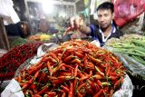 Pedagang merapikan cabai rawit merah dagangannya di Pasar Cibinong, Kabupaten Bogor, Jawa Barat, Kamis (12/7). Berdasarkan data PD Pasar Tohaga terbaru pada minggu kedua Juli 2018 harga cabai rawit merah di pasar-pasar tradisional Kabupaten Bogor mengalami kenaikan 100 persen, harga cabai rawit merah yang semula Rp 30.000 per kg kemudian naik di minggu kedua menjadi Rp 60.000 per kg dikarenakan minimnya pasokan. ANTARA JABAR/Yulius Satria Wijaya/agr/18.
