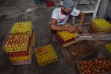 Pekerja menata telur ayam di sebuah tempat usaha ternak ayam petelur di Takeran, Magetan, Jawa Timur, Jumat (13/7). Menurut peternak, selama beberapa hari terakhrir harga telur ayam di tingkat peternak naik dari Rp20.000 menjadi Rp24.000 per kilogram, dan harga tersebut jauh lebih tinggi dari harga normal Rp16.000 hingga Rp17.000 per kilogram. Antara Jatim/Siswowidodo/zk/18