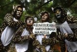 Relawan berkostum harimau melakukan aksi teaterikal dalam Peringatan Hari Harimau Sedunia di Batu Secret Zoo, Jawa Timur, Minggu (29/7). Kegiatan tersebut merupakan upaya  menggugah kepedulian masyarakat terhadap kelangsungan hidup harimau sumatra dengan turut menjaga hutan sebagai habitatnya serta  melawan perburuan liar.  Antara jatim/Ari Bowo Sucipto/18.