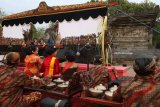 Dalang mementaskan wayang degan lakon 'Skartaji Ruwat' berlatar belakang candi Tegowangi, Di desa Tegowangi, Kediri, Jawa Timur, Rabu (4/7). Pentas wayang Krucil di candi peninggalan kerajaan Majapahit bertajuk Ruwatan Panji tersebut bertujuan memperkenalkan Cerita Panji kepada masyarakat khususnya generasi muda. Antara Jatim/Prasetia Fauzani/zk/18