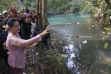 Warga adat melempar sesaji ke tengah Telaga Buret, Tulungagung, Jawa Timur, Jumat (20/7). Ritual ulur-ulur di area konservasi Telaga Buret itu merupakan tradisi turun-temurun yang dianut sejak ratusan tahun sebagai kearifan lokal sekaligus bentuk syukur atas limpahan sumber air yang membawa kesuburan dan kemakmuran bagi warga di empat desa sekitarnya. Antara Jatim/Destyan Sujarwoko/mas/18.