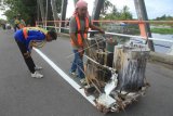 Sejumlah pekerja melakukan pengecatan marka jalan di jalan lintas nasional Desa Suak Timah, Johan Pahlawan, Aceh Barat, Aceh, Jumat (27/7). Pengecatan marka jalan tersebut bertujuan untuk memberikan panduan bagi pengguna jalan dan mengurangi tingkat kecelakaan lalu lintas terutama pada malam hari. (ANTARA FOTO/Syifa Yulinnas/wsj/18)