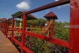 Pengunjung menikmati panorama pantai dan hutan mangrove di Pantai Talang Siring, Pamekasan, Jawa Timur, Minggu (19/8). Pemerintah mengembangkan hutan mangrove guna meningkatkan kunjungan di kawasan wisata pantai tersebut. Antara Jatim/Saiful Bahri/mas/18.