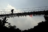 Warga melintasi jembatan gantung bambu yang rusak di Pondok Rajeg, Bogor, Jawa Barat, Selasa (25/9). Jembatan gantung penghubung desa Panjang Pondok Rajeg dan desa Utan Citayam tersebut sudah rusak dan lapuk sehingga dapat membahayakan warga yang melintas. ANTARA JABAR/Yulius Satria Wijaya/agr/18.