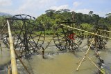 Petani memeriksa kincir air di aliran Sungai Citanduy, Kampung Sukasirna, Kabupaten Tasikmalaya, Jawa Barat, Senin (10/9). Musim kemarau yang berkepanjangan membuat petani di kawasan tersebut harus menambah jumlah kincir air dari sebelumnya dua kincir menjadi delapan kincir agar bisa mengairi satu hektar sawah. ANTARA JABAR/Adeng Bustomi/agr/18