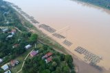 Deretan keramba apung milik warga di tepi Sungai Batanghari, Muaro Pijoan, Jambi Luar Kota, Muarojambi, Jambi, Sabtu (15/9). Pembudi daya ikan di daerah itu mengaku mengalami penurunan hasil panen hingga 30 persen selama kemarau karena terpaksa mengurangi pemberian pakan untuk mengantisipasi kematian ikan selama penyusutan debit air. ANTARA FOTO/Wahdi Septiawan/ama/18.