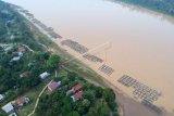 Deretan keramba apung milik warga di tepi Sungai Batanghari, Muaro Pijoan, Jambi Luar Kota, Muarojambi, Jambi, Sabtu (15/9). Pembudi daya ikan di daerah itu mengaku mengalami penurunan hasil panen hingga 30 persen selama kemarau karena terpaksa mengurangi pemberian pakan untuk mengantisipasi kematian ikan selama penyusutan debit air. ANTARA FOTO/Wahdi Septiawan/ama/18.