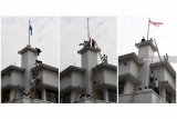 Foto kolase peristiwa perobekan bendera Belanda di Hotel Majapahit saat teatrikal peristiwa perobekan bendera di Hotel Yamato sekarang Hotel Majapahit di Jalan Tunjungan, Surabaya, Jawa Timur, Rabu (19/9). Kegiatan tersebut dalam rangka memperingati peristiwa perobekan bendera Belanda menjadi bendera Indonesia pada 19 September 1945 lalu. Antara Jatim/Zabur Karuru/18