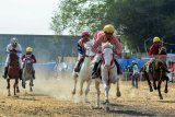 Joki memacu kuda tunggangannya saat berlangsungnya kejuaraan pacuan kuda di Lapangan Sarirogo, Sidoarjo, Jawa Timur, Jumat (12/10). Kejuaraan yang diiikuti sejumlah kota di Jawa Timur ini digelar dengan tujuan mencari bibit-bibit kuda pacuan, dan menggali potensi atlet berkuda khususnya di Kabupaten Sidoarjo. Antara Jatim/Umarul Faruq/mas/18.