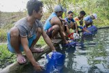 Sejumlah warga mandi dan mengambil air dari sumber mata air di tengah hutan desa Sidamulya, Kabupaten Sukabumi, Jawa Barat, Senin (8/10). Musim kemarau yang terjadi sejak bulan april lalu membuat warga setempat harus menempuh jarak sepanjang 3 km ke sumber mata air untuk mendapatkan air bersih. ANTARA JABAR/Nurul Ramadhan/18