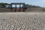 Pengendara melintas di atas pelimpah air Waduk Bening yang mengering di Kabupaten Madiun, Jawa Timur, Minggu (7/10). Waduk Bening yang memiliki luas genangan 5,7 kilometer persegi dengan kapasitas efektif 25,768 juta meter kubik tersebut mengalami penyusutan hingga posisi permukaan air berada di bawah titik nol pintu air atau pelimpah waduk, sehingga tak bisa mendistribusikan air irigasi. Antara Jatim/Siswowidodo/mas/18.