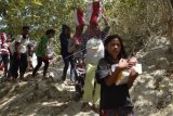 Warga korban gempa dan tsunami membawa bantuan dari Persiden Joko Widodo di Desa Loli Saluran, Donggala, Sulawesi Tengah, Rabu (3/10). ANTARA FOTO/Muhammad Adimaja/ama/18