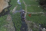 Sejumlah warga mencuci pakaian di Sungai Ciwaringin, Majalengka, Jawa Barat, Jumat (2/11/2018). Warga memanfaatkan surutnya Sungai Ciwaringin untuk mencuci pakaian karena air dari sumur telah mengering. ANTARA JABAR/Dedhez Anggara/agr.