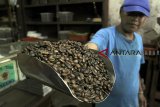 Pedagang menunjukan biji kopi yang dijual di Kedai kopi Tjap Teko Bogor, Jawa Barat, Rabu (21/11/2018). Menurut Asosiasi Eksportir dan Industri Kopi Indonesia (AEKI) Produksi kopi nasional tahun 2018 diperkirakan mencapai 11- 11,50 juta karung atau setara 660-690 ribu ton biji kopi. Angka itu meningkat dari produksi 2017 yang sekitar 560 ribu ton atau 9 juta karung. ANTARA JABAR/Yulius Satria Wijaya/agr.