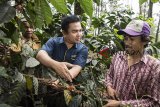 Karyawan mikro Bank Mandiri mengunjungi debitur KUR petani kopi di perkebunan kopi di Cimaung, Gunung Puntang, Kabupaten Bandung, Jawa Barat, Sabtu (10/11/2018). Bank Mandiri terus memajukan ekonomi kerakyatan melalui penyaluran KUR sektor produksi seperti usaha pertanian berbasis community development pada perhutanan sosial dan penyaluran KUR produksi mencapai Rp7,49 triliun atau 49 persen dari penyaluran KUR Mandiri sebesar Rp15,28 triliun hingga Oktober 2018. ANTARA JABAR/M Agung Rajasa/agr.