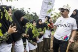 General Manager PLN UID Jawa Barat Iwan Purwana (kanan) berbincang dengan sejumlah santri saat program penghijauan di Pondok Quran Boarding School, Cilengkrang, Kabupaten Bandung, Jawa Barat, Jumat (28/11/2018). Kegiatan yang diselenggarakan oleh PLN Unit Induk Distribusi Jawa Barat tersebut dalam rangka memperingati Hari Menanam Pohon Indonesia (HMPI) dan PLN menanam 22.000 pohon di wilayah-wilayah operasional PLN se-Indonesia. ANTARA JABAR/M Agung Rajasa/agr.