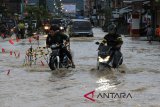 Sejumlah pengendara melintasi banjir yang mengenangi jalan lintas Aceh Tengah – Bireun di Desa Paya Tumpi Kecamatan Kebayakan, Aceh Tengah, Aceh, Kamis (29/11/2018). Banjir tersebut diakibatkan tingginya intensitas hujan dan drainase yang buruk. (Antara Aceh/Syifa Yulinnas)