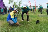 Sejumlah orang menanam bibit pohon produktif saat digelar Gerakan Penghijauan dan Konservasi Alam 2018 Kabupaten Madiun di areal sekitar interchange jalan tol di Bagi, Kabupaten Madiun, Jawa Timur, Sabtu (15/12/2018). Ratusan orang terdiri pelajar SD, MI, SMP, MTs, SMA, SMK, MA bersama guru dan sejumlah pejabat menanam 1.600 bibit pohon produktif, antara lain durian, alpukat, mangga, jambu air, kelengkeng, matoa, srikaya jumbo. Antara Jatim/Siswowidodo/ZK.