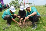 Sejumlah orang menanam bibit pohon produktif saat digelar Gerakan Penghijauan dan Konservasi Alam 2018 Kabupaten Madiun di areal sekitar interchange jalan tol di Bagi, Kabupaten Madiun, Jawa Timur, Sabtu (15/12/2018). Ratusan orang terdiri pelajar SD, MI, SMP, MTs, SMA, SMK, MA bersama guru dan sejumlah pejabat menanam 1.600 bibit pohon produktif, antara lain durian, alpukat, mangga, jambu air, kelengkeng, matoa, srikaya jumbo. Antara Jatim/Siswowidodo/ZK.