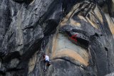 Pemanjat tebing berusaha menaklukan tebing batu saat Indonesia Climbing Festival di Batu Lawang, Gunung Cupang, Cirebon, Jawa Barat, Sabtu (7/12/2018). Indonesia Climbing Festival 2018 yang digelar Federasi Panjat Tebing Indonesia (FPTJ) diikuti pemanjat tebing dari berbagai daerah di Indonesia itu sekaligus mengajak masyarakat umum untuk mengikuti kegiatan tersebut. ANTARA JABAR/Dedhez Anggara/agr.