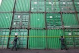Petugas memeriksa kontainer beirisi kayu ilegal yang diamankan di depo SPIL, Surabaya, Jawa Timur, Kamis (6/12/2018). Direktorat Jenderal (Ditjen) Penegakkan Hukum Lingkungan Hidup dan Kehutanan (Gakkum LHK), Balai Gakkum LHK dan didukung oleh Koarmada II mengamankan 40 kontainer berisi kayu merbau ilegal yang diperkirakan senilai Rp12 milyar saat operasi tangkap tangan penampung kayu ilegal pada dua IUIPHHK. Antara Jatim/Didik Suhartono/ZK.