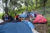 Wisatawan melakukan akitivitas di sekitar tenda saat berkemah di kawasa hutan lereng Gunung Lawu, Cemorosewu, Magetan, Jawa Timur, Selasa (1/1/2019). Ratusan wisatawan dari berbagai daerah memanfaatkan pergantian tahun dengan berkemah di kawasan hutan dengan udara sejuk tersebut selama dua hingga tiga hari. Antara Jatim/Siswowidodo/ZK.