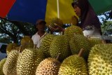 Penjual durian melayani pembeli di pasar musiman durian lokal di Pagotan, Madiun, Jawa Timur, Sabtu (12/1/2019). Buah durian lokal hasil produksi petani di kawasan lereng Gunung Wilis tersebut dijual antara Rp25.000 hingga Rp150.000 per buah tergantung ukuran dan kualitas buah. Antara Jatim/Siswowidodo/ZK