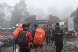 Pendaki Gunung Lawu berada di gerbang jalur pendakian Cemorosewu, Magetan, Jawa Timur, Selasa (1/1/2019). Menurut petugas, jumlah pendaki Gunung Lawu pada momen pergantian tahun 2018-2019 melalui jalur pendakian Cemorosewu sebanyak 850 orang, menurun dari yang momen sama pada tahun-tahun sebelumnya rata-rata 3.000 orang, yang antara lain disebabkan cuaca buruk. Antara Jatim/Siswowidodo/ZK.