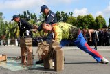 Sejumlah anggota Satuan Pengamanan (Satpam) melakukan atraksi unjuk kekuatan pada peringatan HUT ke-38 Satpam di Alun-Alun Sungai Kapuas, Pontianak, Kalimantan Barat, Selasa (8/1/2019). Kegiatan yang digelar Sat Binmas Polresta Pontianak tersebut bertemakan pemuliaan profesi satpam Indonesia guna mendukung Polri dalam pengamanan pemilu tahun 2019. ANTARA FOTO/Jessica Helena Wuysang

