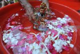 Petugas memandikan patung Dewa-Dewi umat Budha di Wihara Avalokitesvara, Pamekasan, Jawa Timur, Selasa (29/01/2019). Ritual memandikan atau menyucikan patung yang dilakukan setahun sekali itu guna menyambut tahun baru Imlek. Antara Jatim/Saiful Bahri/ZK.