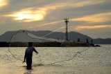 Nelayan melemparkan jala di muara sungai perairan pantai Kampung Jawa, Banda Aceh, Jumat (18/1/2019). Badan Meteorologi, Klimatologi, dan Geofisika ( BMKG) mengeluarkan peringatan dini agar nelayan, jasa angkutan penyeberang dan masyarakat yang bermukiman di daerah pesisir mewaspadai gelombang tinggi dan pasang maksimum air laut mulai tanggal 19 - 22 tahun 2019 sebagai dampak dari fenomena Supermoon disertai purnama . ANTARA FOTO/Ampelsa/nz.