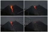 Foto kolase aliran lava pijar Gunung Merapi terlihat dari Balerante, Kemalang, Klaten, Jawa Tengah, Selasa (29/1/2019) malam. Berdasarkan data Balai Penyelidikan dan Pengembangan Teknologi Kebencanaan Geologi (BPPTKG) kembali terjadi luncuran lava pijar Gunung Merapi pada tanggal (29/1/2019) yakni yang teramati 11 kali ke arah Kali Gendol dan satu kali ke arah timur laut dengan jarak aliran 50 -1400 m. ANTARA FOTO/Aloysius Jarot Nugroho/ama.