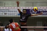 Pebola voli putra Jakarta Pertamina Energi, Hernanda Zulfi (kanan) menahan bola smes dari pebola voli putra Palembang Bank Sumsel Babel, Adi Putra Firmansyah (kiri) dalam pertandingan Final Four Proliga 2019 di GOR Ken Arok, Malang, Jawa Timur, Jumat (15/2/2019).Jakarta Pertamina  mengalahkan Palembang Bank Sumsel dengan skor 3-0 (25-20, 25-22, 25-21). Antara Jatim/Ari Bowo Sucipto/ZK.