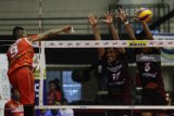 Pebola voli putra  Palembang Bank Sumsel Babel , Alfredo  Zequeira (kiri) melakukan smes yang berusaha ditahan tiga pebola voli putra Jakarta Pertamina Energi,dalam pertandingan Final Four Proliga 2019 di GOR Ken Arok, Malang, Jawa Timur, Jumat (15/2/2019).Jakarta Pertamina  mengalahkan Palembang Bank Sumsel dengan skor 3-0 (25-20, 25-22, 25-21). Antara Jatim/Ari Bowo Sucipto/ZK.