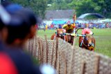 Joki memacu sapi kerapan dalam sebuah kejuaraan di Stadion R Soenarto Hadiwidjojo, Pamekasan, Jawa Timur, Minggu (24/2/2019). Kejuaraan kerapan sapi tersebut diikuti 60 pasang sapi se Madura. Antara Jatim/Saiful Bahri/ZK.