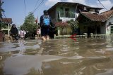 Warga melintasi genangan banjir yang mulai surut di Bojong Asih, Kabupaten Bandung, Jawa Barat, Selasa (26/2/2019). Tiga Kecamatan di Kabupaten Bandung kembali dilanda banjir akibat intensitas curah hujan yang tinggi dan luapan Sungai Citarum. ANTARA JABAR/Novrian Arbi/agr. 