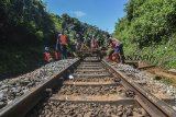 Pekerja memperbaiki bantalan rel Kereta Api (KA) di lokasi anjloknya gerbong listrik KA Malabar jurusan Malang-Bandung di KM 302+3/4 di Desa Karangkamulyan, Kabupaten Ciamis, Jawa Barat, Sabtu (2/2/2019). Kejadian gerbong anjlok dan perbaikan mengakibatkan perjalanan KA Mutiara Selatan dan KA Serayu terhambat. ANTARA JABAR/Adeng Bustomi/agr.