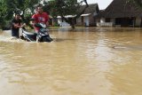 Warga mendorong sepeda motor yang mogok melintasi jalan yang terendam banjir di Desa Simo, Kecamatan Kwadungan, Ngawi, Jawa Timur, Rabu (6/3/2019). Luapan Sungai Madiun yang menggenangi puluhan desa di wilayah itu mengakibatkan sejumlah ruas jalan, ribuan hektare tanaman padi, ratusan rumah terendam, puluhan sekolah SD, MI, SMP, MTs diliburkan. Antara Jatim/Siswowidodo/zk.