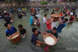 Sejumlah relawan haul KH Muhammad Zaini Abdul Ghani (Abah Guru Sekumpul) bergotong royong membersihkan beras di Irigasi Martapura, Kalimantan Selatan, Sabtu (9/3/2019).Puluhan ton beras disiapkan untuk jamaah yang menghadiri Haul Abah Guru Sekumpul ke-14.Foto Antaranews Kalsel/Bayu Pratama S.