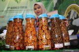 Seorang staf perusahaan sawit memperlihatkan sejumlah sampel varietas sawit hasil produksi PT Sarana Inti Pratama di pameran 3rd Borneo Forum yang digelar Gabungan Pengusaha Sawit Indonesia (GAPKI) se-Kalimantan di Pontianak, Kalimantan Barat, Rabu (20/3/2019). Dalam kesempatan tersebut, GAPKI mendorong perusahaan sawit untuk melakukan sertifikasi dan menerapkan Indonesian Sustainable Palm Oil System (ISPO) agar bisa meningkatkan daya saing minyak sawit Indonesia di pasar dunia. ANTARA FOTO/Jessica Helena Wuysang